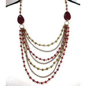 Multi Strand Red Green Glass Bead Necklace Avon SP Retro Colorful
